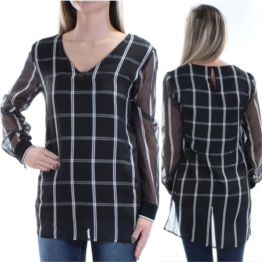 VINCE CAMUTO Black White Windowpane Plaid Chiffon Blouse M